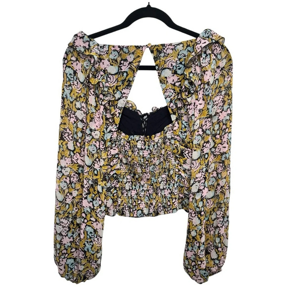 Free People Sz S Mabel Floral Printed Boho Ruched Tie Front Smocked Back Top - Picture 2 of 7